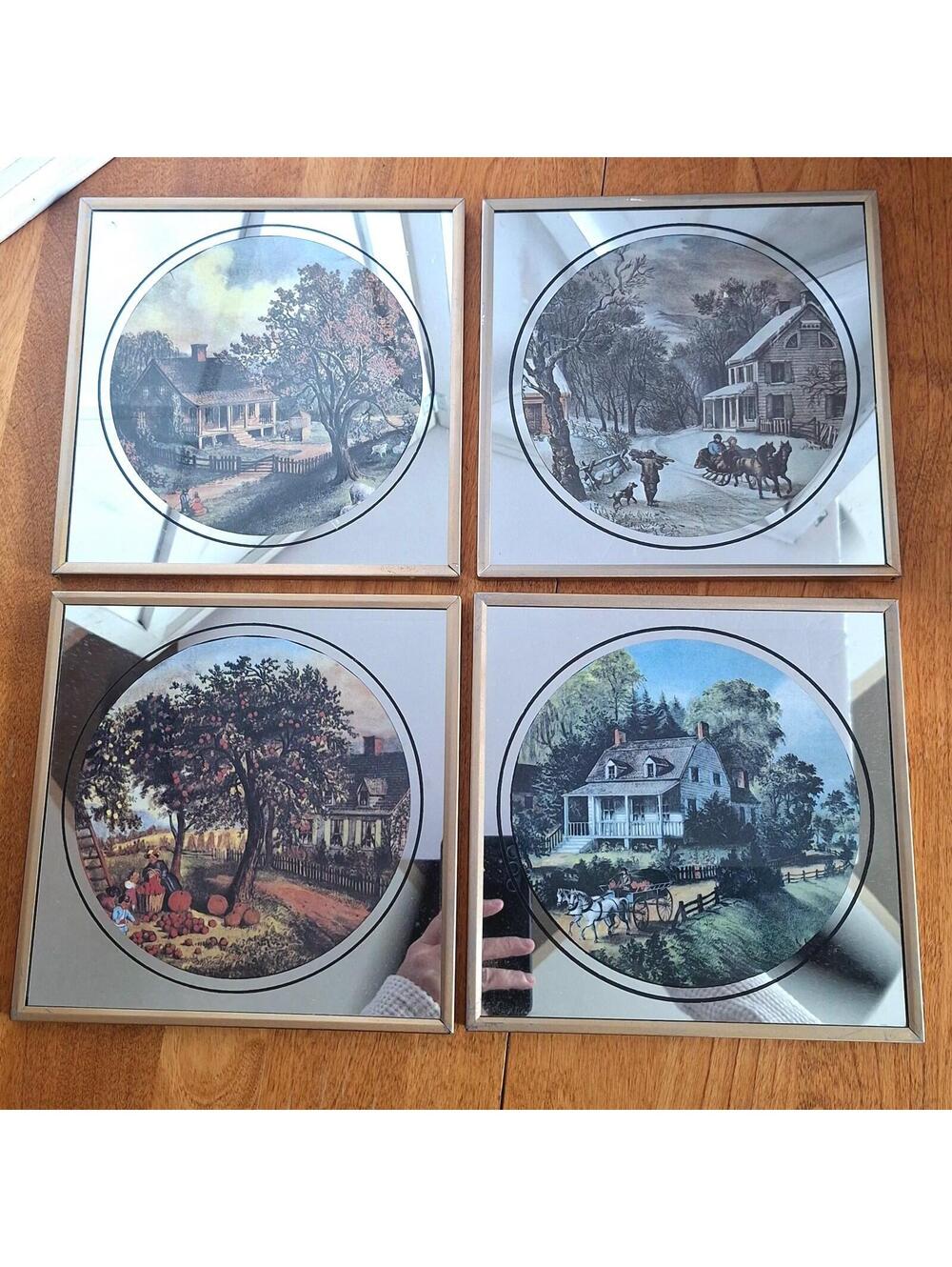 Set of 4 Vintage Currier & Ives 8"x8" Four Seasons Farmhouse Mirrored Wall Art